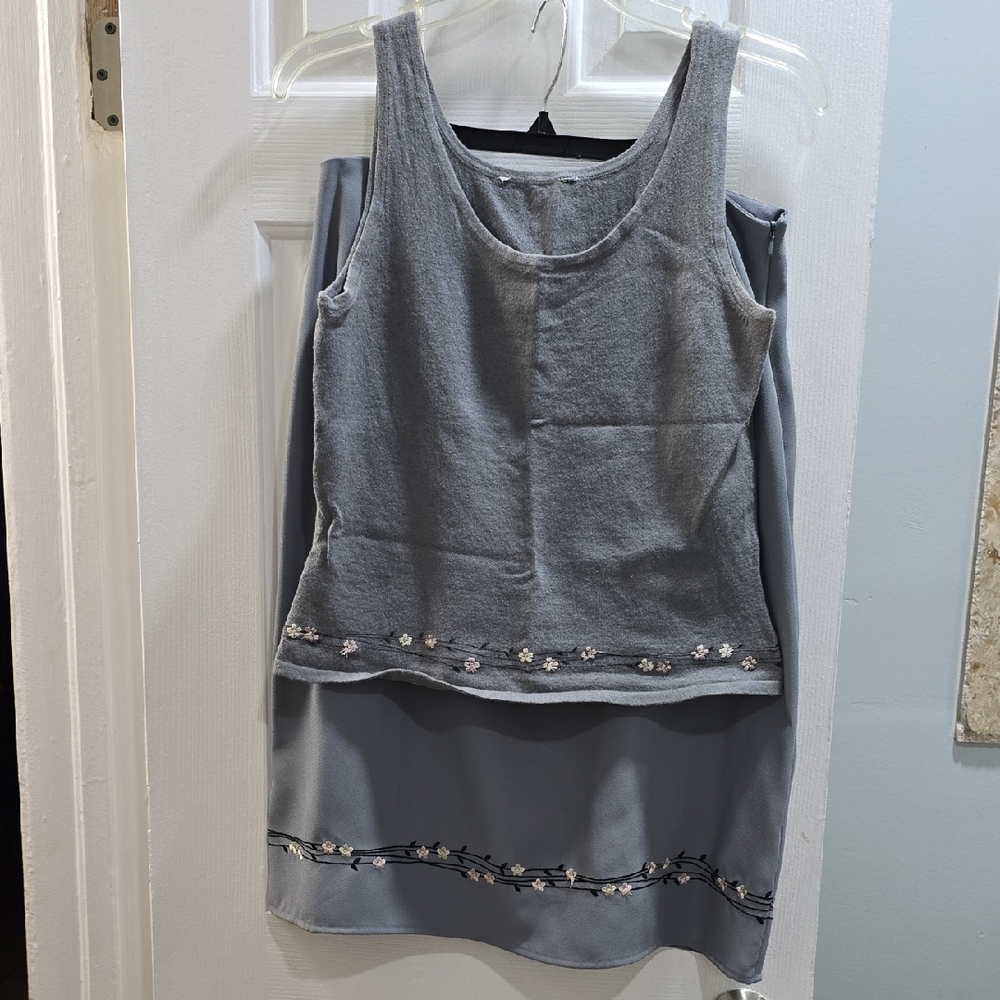 Gray Sleeveless Top & Sage green Skirt Set with Floral Embroidery